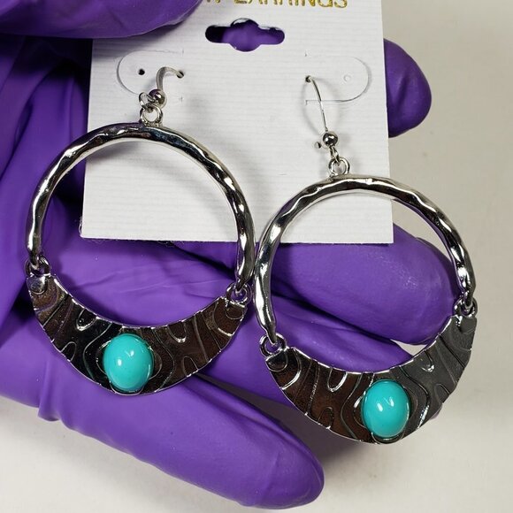 Textured Silver-Tone Hoop Drop Earrings w/ Turquoise Stone – Boho Dangle Jewelry - Picture 7 of 7